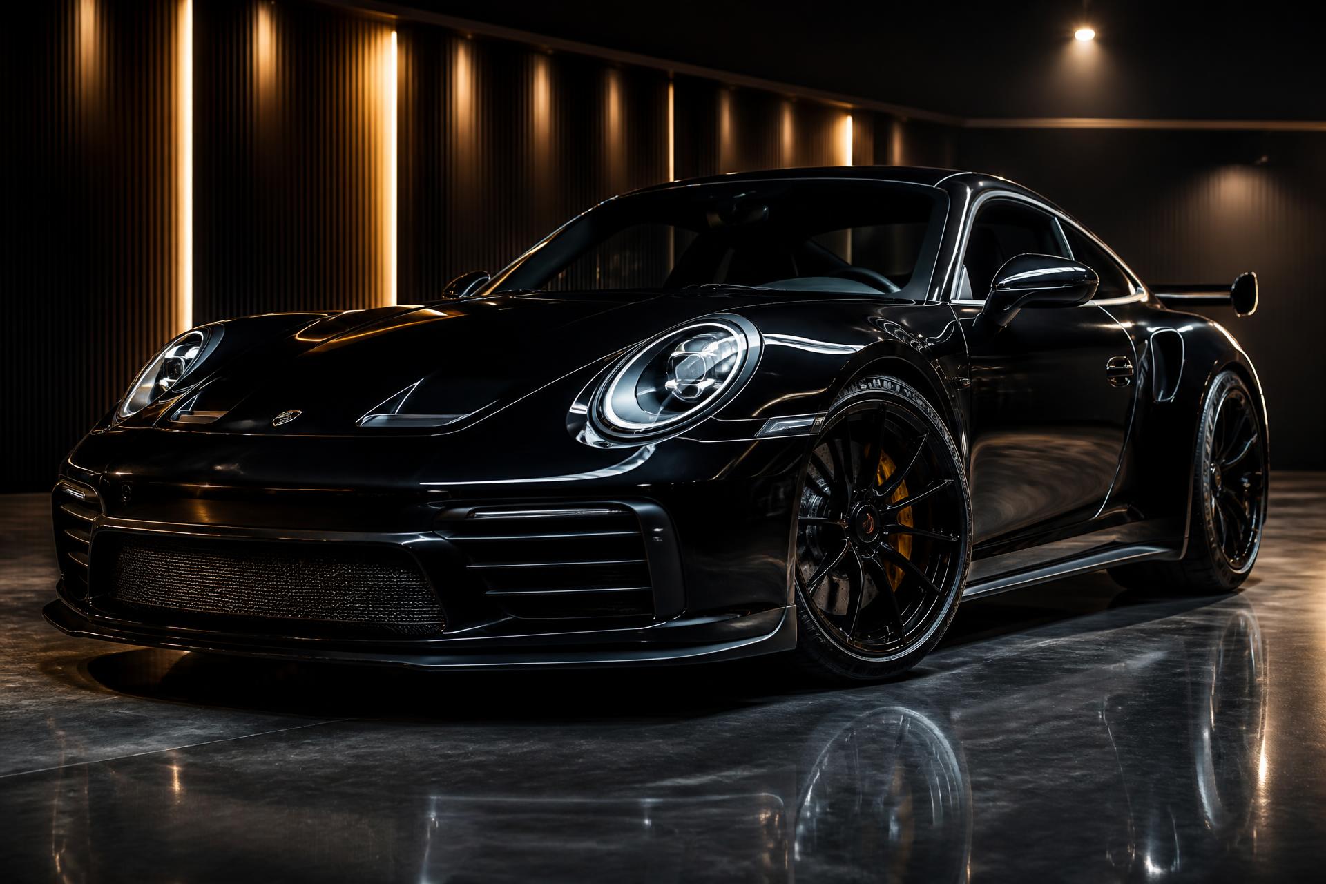 Freshly detailed black luxury sports car with mirror reflections